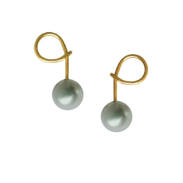 Serpent Grey Pearl Earrings in Yellow Gold